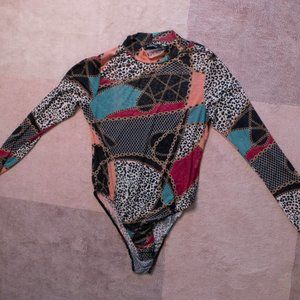 Boohoo High neck Multi-print Long sleeve mesh bodysuit Sz 14